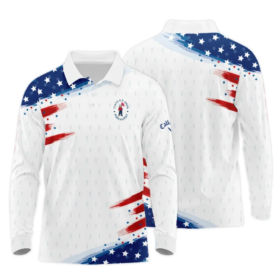 Tournament 124th U.S. Open Pinehurst Callaway Long Polo Shirt Flag American White And Blue All Over Print Long Polo Shirt For Men