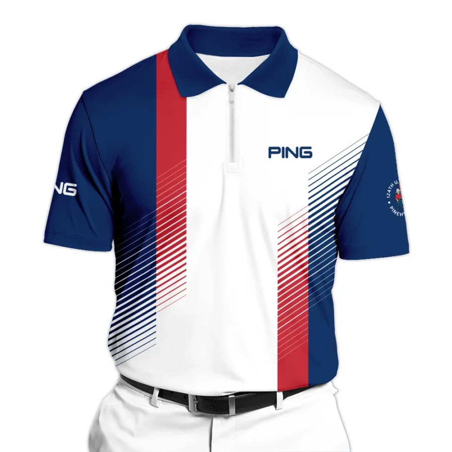 Sport Ping 124th U.S. Open Pinehurst Golf Zipper Polo Shirt Blue Red Striped Pattern White All Over Print Zipper Polo Shirt For Men