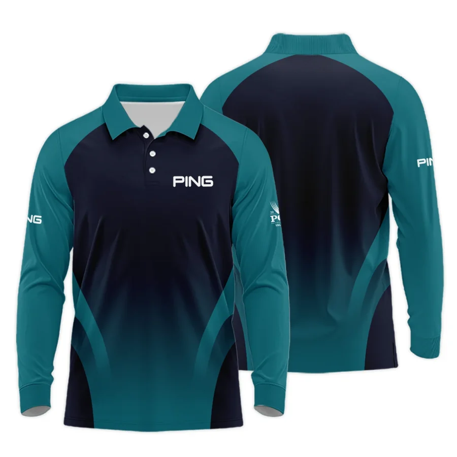 2024 PGA Championship Ping Golf Long Polo Shirt Dark Cyan Very Dark Blue Gradient Golf Sports All Over Print Long Polo Shirt For Men