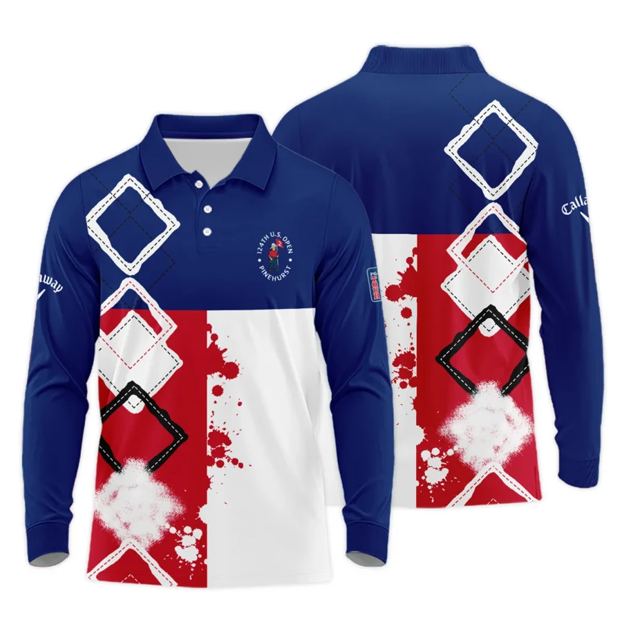 124th U.S. Open Pinehurst Callaway Long Polo Shirt Blue Red White Pattern Grunge All Over Print Long Polo Shirt For Men