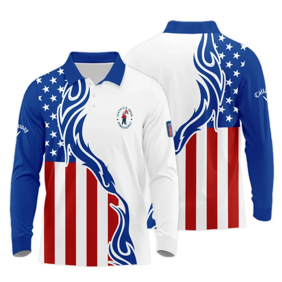 Golf Sport Callaway 124th U.S. Open Pinehurst Long Polo Shirt USA Flag Pattern Blue White All Over Print Long Polo Shirt For Men