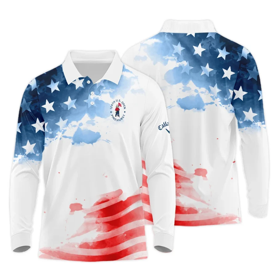 Golf 124th U.S. Open Pinehurst Callaway Long Polo Shirt US Flag Watercolor Golf Sports All Over Print Long Polo Shirt For Men