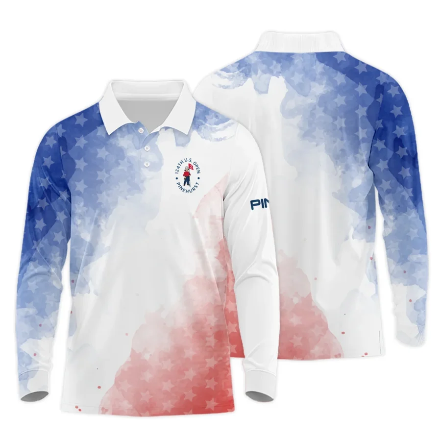 124th U.S. Open Pinehurst Golf Ping Long Polo Shirt Stars Blue Red Watercolor Golf Sports All Over Print Long Polo Shirt For Men