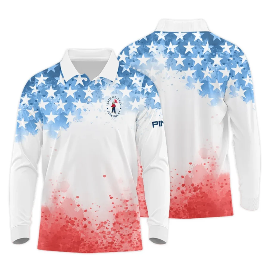 Special Version 124th U.S. Open Pinehurst Ping Long Polo Shirt Watercolor Blue Red Stars Long Polo Shirt For Men