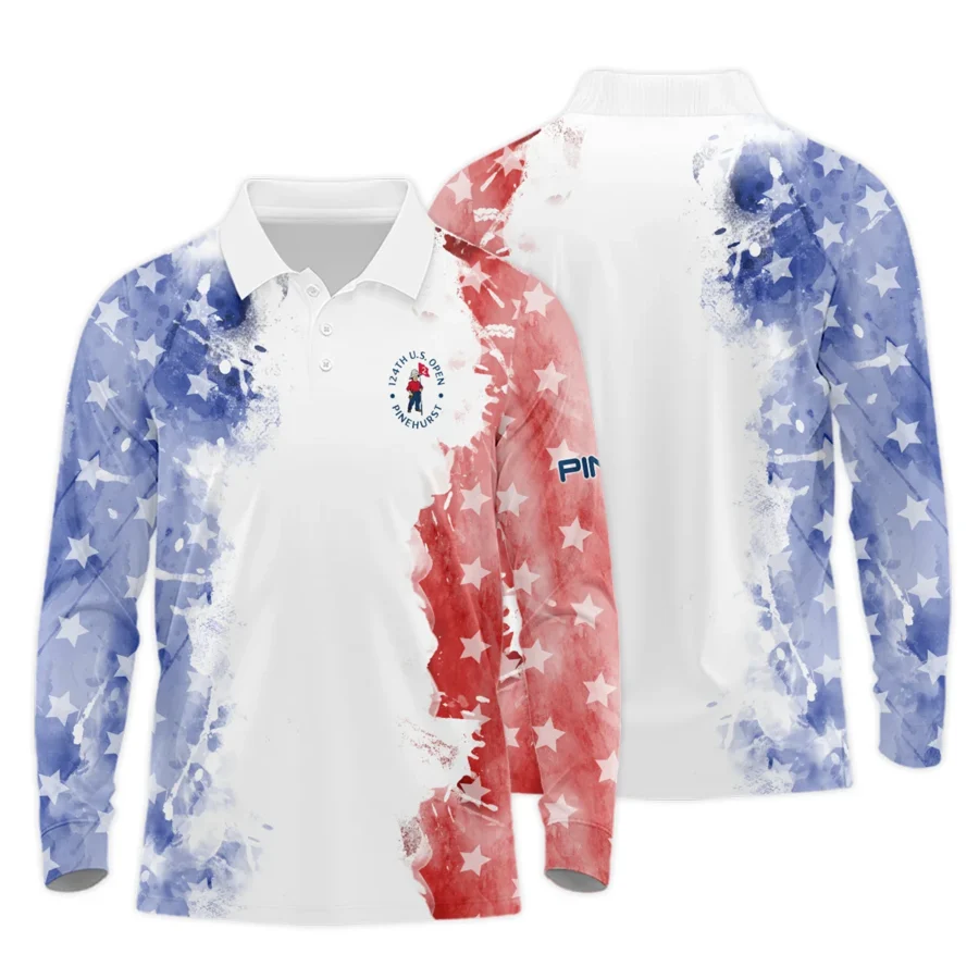 124th U.S. Open Pinehurst Special Version Ping Long Polo Shirt Blue Red Watercolor Long Polo Shirt For Men