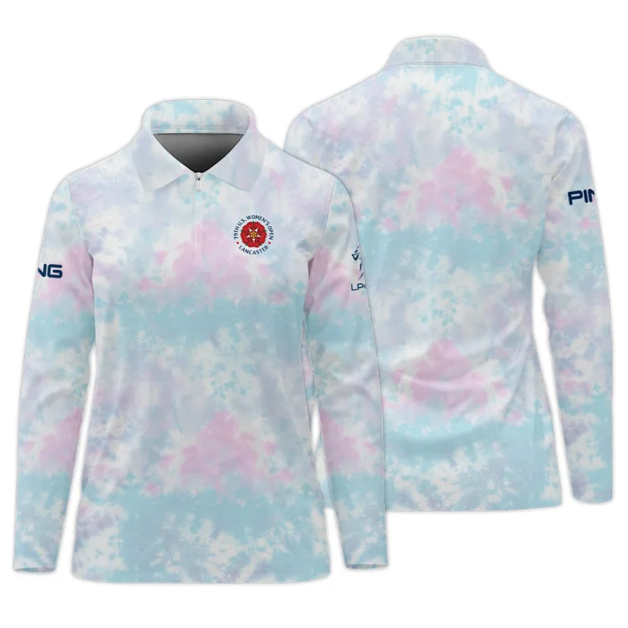 Tie dye Pattern 79th U.S. Women’s Open Lancaster Ping Zipper Long Polo Shirt Blue Mix Pink All Over Print Zipper Long Polo Shirt For Woman