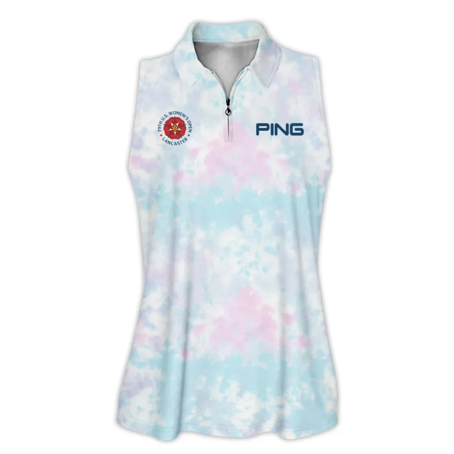 Tie dye Pattern 79th U.S. Women’s Open Lancaster Ping Zipper Sleeveless Polo Shirt Blue Mix Pink All Over Print Zipper Sleeveless Polo Shirt For Woman