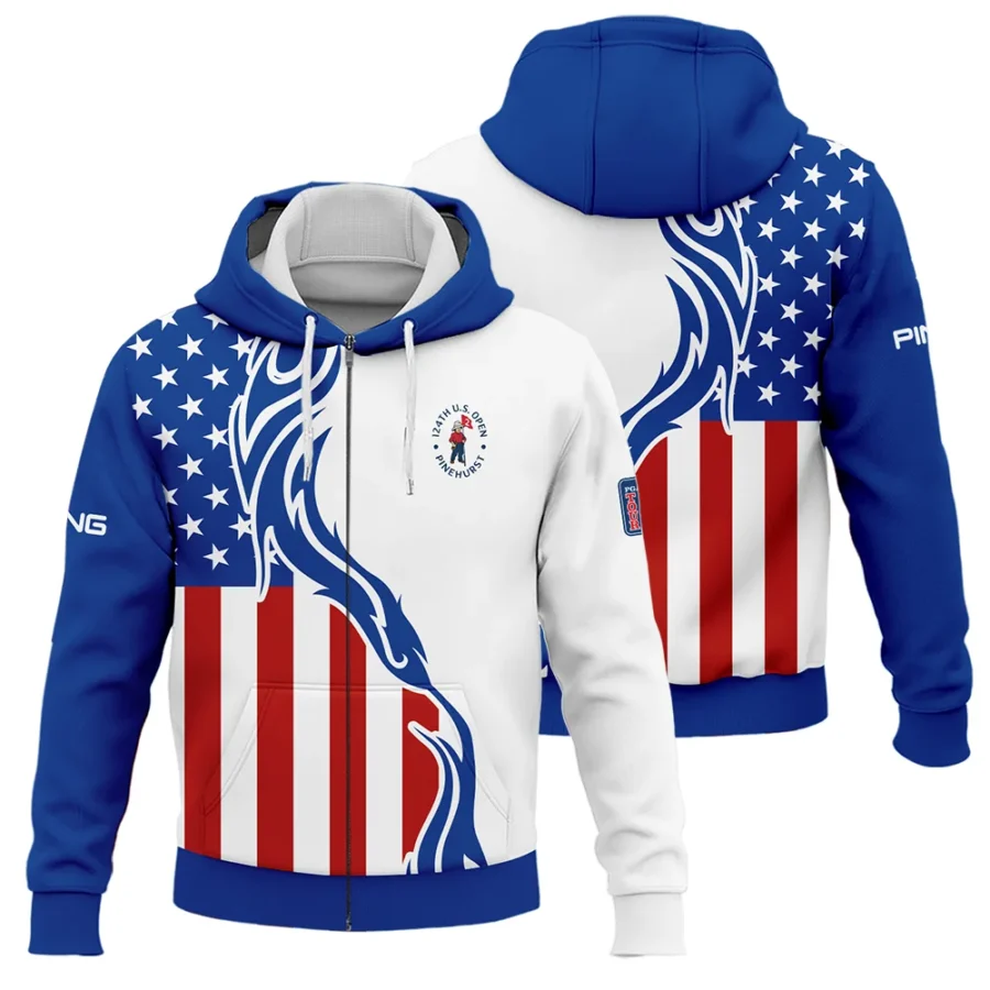 Golf Sport Ping 124th U.S. Open Pinehurst Zipper Hoodie Shirt USA Flag Pattern Blue White All Over Print Zipper Hoodie Shirt