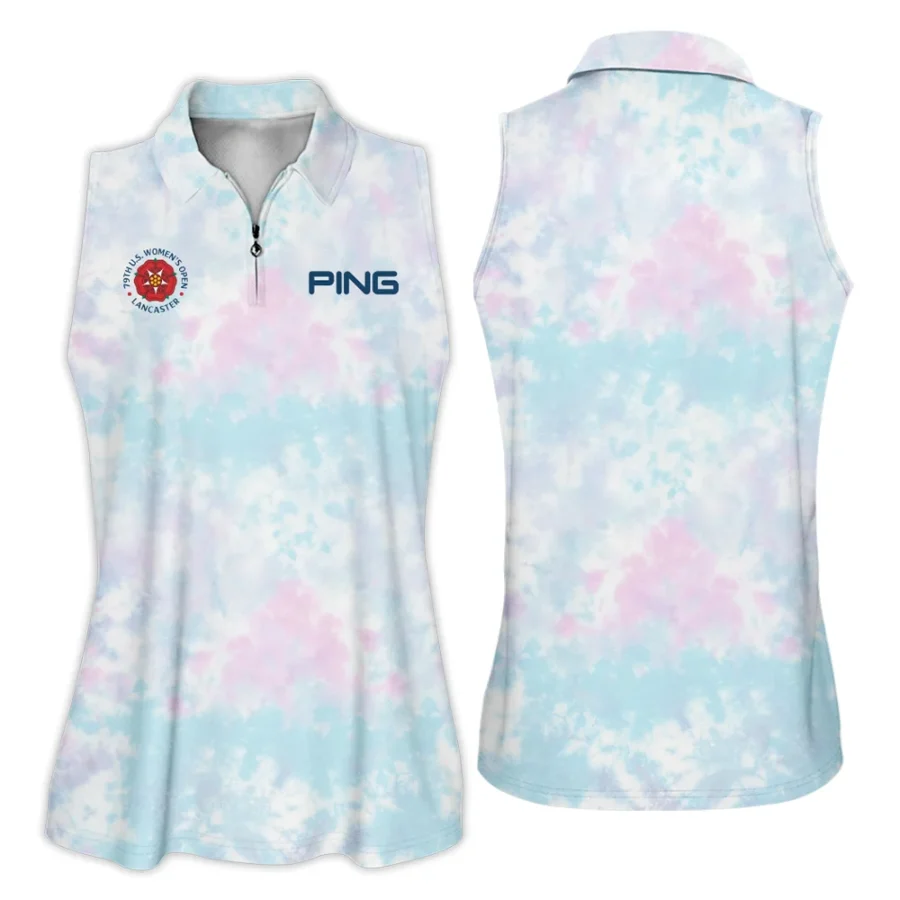 Tie dye Pattern 79th U.S. Women’s Open Lancaster Ping Zipper Sleeveless Polo Shirt Blue Mix Pink All Over Print Zipper Sleeveless Polo Shirt For Woman