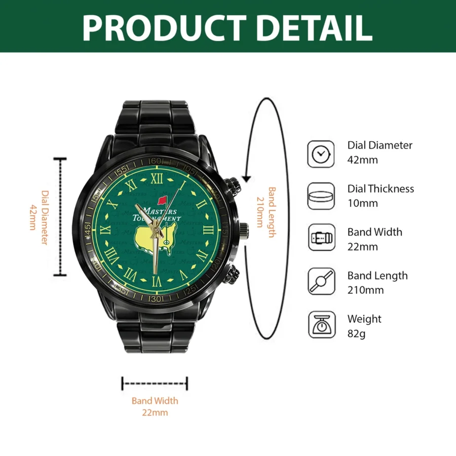 Masters Tournament Black Stainless Steel Watch Vintage Clock Roman Numerals All Over Prints