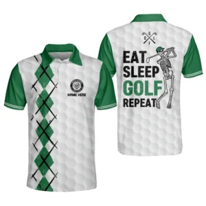 Custom Funny Golf Shirts for Men Eat Sleep Golf Repeat Mens Skull Golf Shirts Dry Fit Short Sleeve Crazy Golf Shirts GOLF