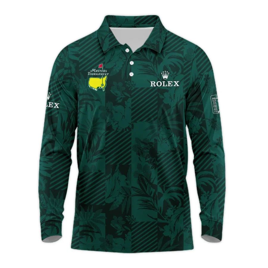 Tropical Leaves ,Foliage With Geometric Stripe Pattern Golf Masters Tournament Rolex Long Polo Shirt Style Classic Long Polo Shirt For Men