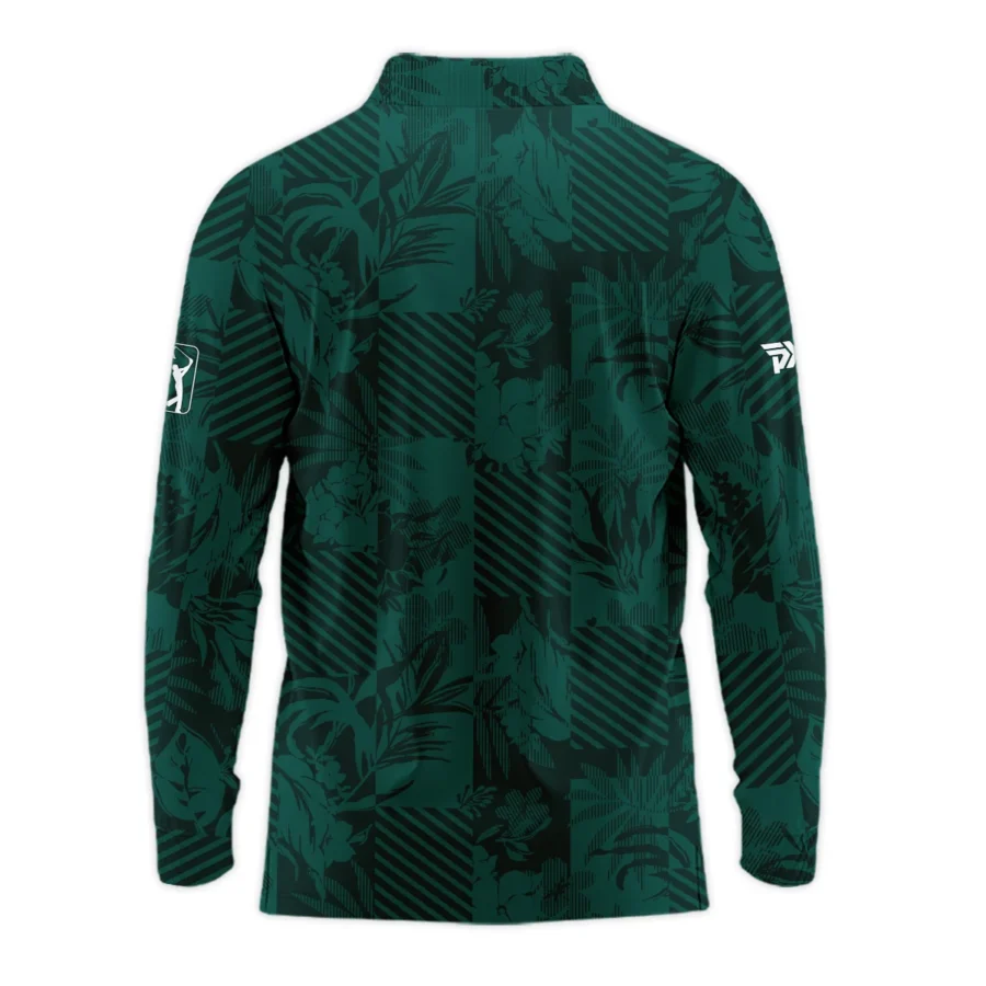 Tropical Leaves ,Foliage With Geometric Stripe Pattern Golf Masters Tournament Long Polo Shirt Style Classic Long Polo Shirt For Men