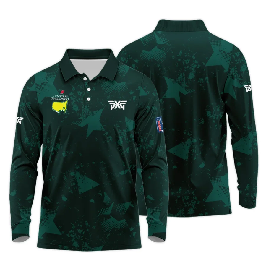 Dark Green Grunge Stars Pattern Golf Masters Tournament Long Polo Shirt Style Classic Long Polo Shirt For Men