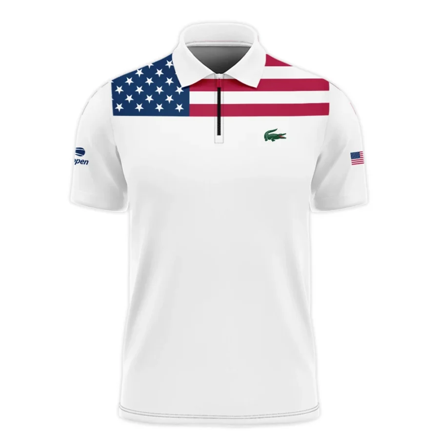 US Open Tennis Champions Lacoste USA Flag White Zipper Polo Shirt Style Classic Zipper Polo Shirt For Men