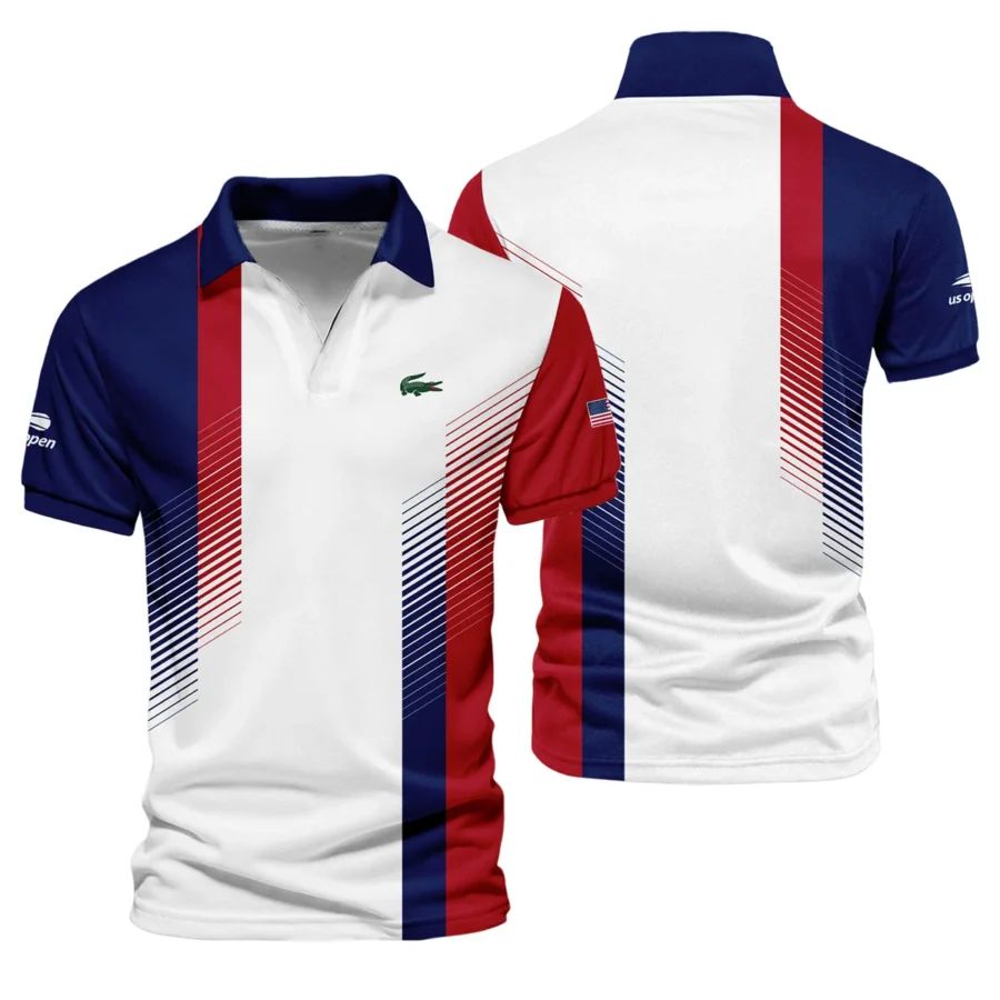 Lacoste Blue Red Straight Line White US Open Tennis Champions Vneck Polo Shirt Style Classic Polo Shirt For Men