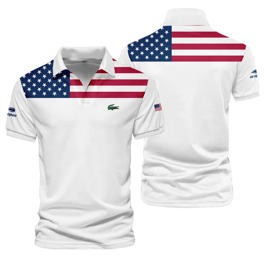 US Open Tennis Champions Lacoste USA Flag White Vneck Polo Shirt Style Classic Polo Shirt For Men