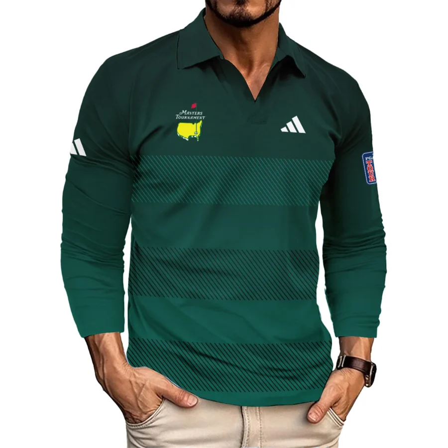 Adidas Masters Tournament Dark Green Gradient Stripes Pattern Golf Sport Vneck Long Polo Shirt Style Classic Long Polo Shirt For Men