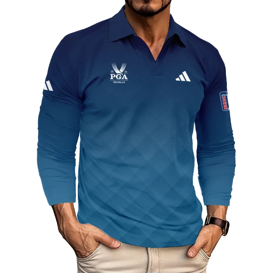 2024 PGA Championship Valhalla Adidas Blue Gradient Abstract Stripes  Vneck Long Polo Shirt Style Classic Long Polo Shirt For Men