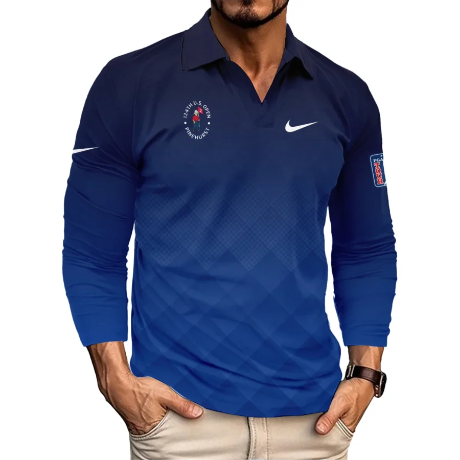 124th U.S. Open Pinehurst Nike Dark Blue Gradient Stripes Pattern Vneck Long Polo Shirt Style Classic Long Polo Shirt For Men