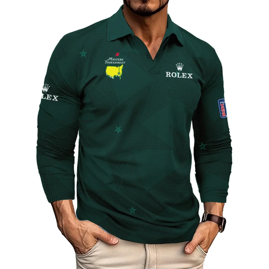 Stars Dark Green Golf Masters Tournament Rolex Vneck Long Polo Shirt Style Classic Long Polo Shirt For Men