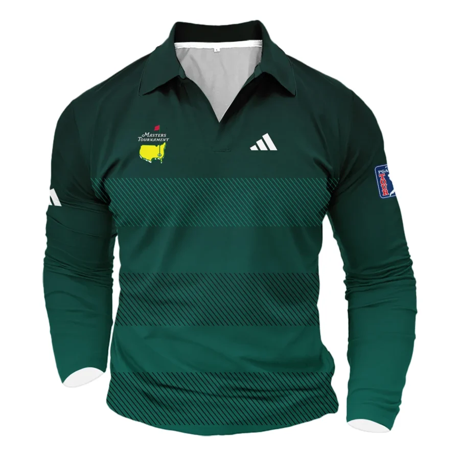 Adidas Masters Tournament Dark Green Gradient Stripes Pattern Golf Sport Vneck Long Polo Shirt Style Classic Long Polo Shirt For Men