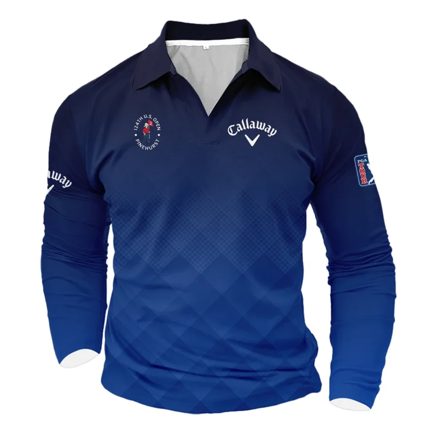 124th U.S. Open Pinehurst Callaway Dark Blue Gradient Stripes Pattern Vneck Long Polo Shirt Style Classic Long Polo Shirt For Men