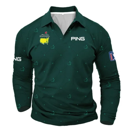 Dark Green Pattern In Retro Style With Logo Masters Tournament Ping Vneck Long Polo Shirt Style Classic Long Polo Shirt For Men