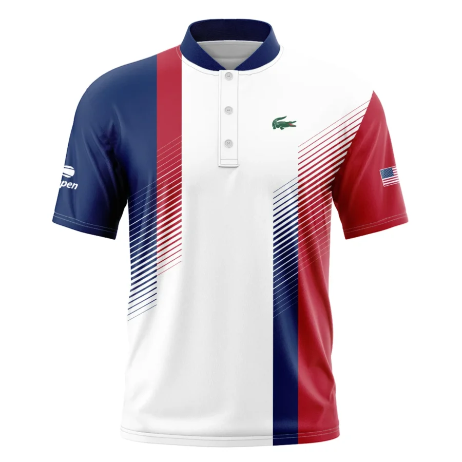 Lacoste Blue Red Straight Line White US Open Tennis Champions Short Sleeve Round Neck Polo Shirts