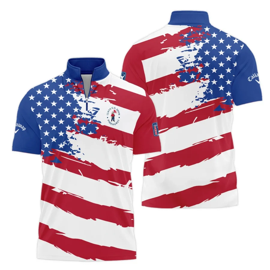 Callaway US Flag Blue Red Stars 124th U.S. Open Pinehurst Style Classic, Short Sleeve Polo Shirts Quarter-Zip