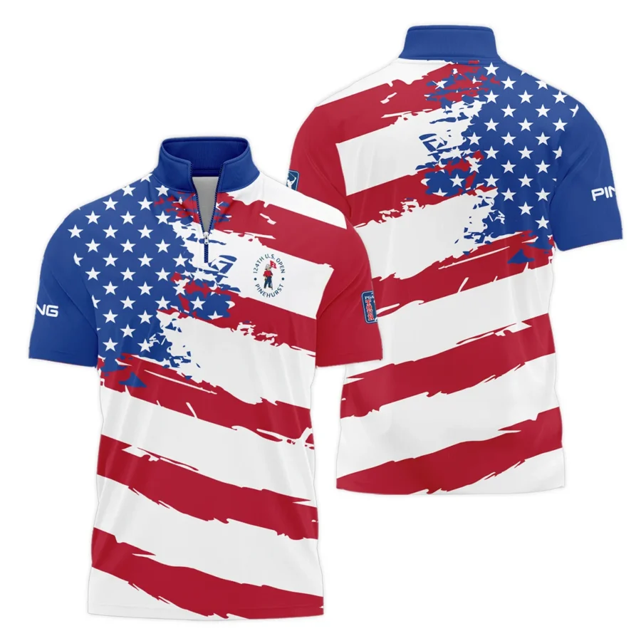 Ping US Flag Blue Red Stars 124th U.S. Open Pinehurst Style Classic, Short Sleeve Polo Shirts Quarter-Zip