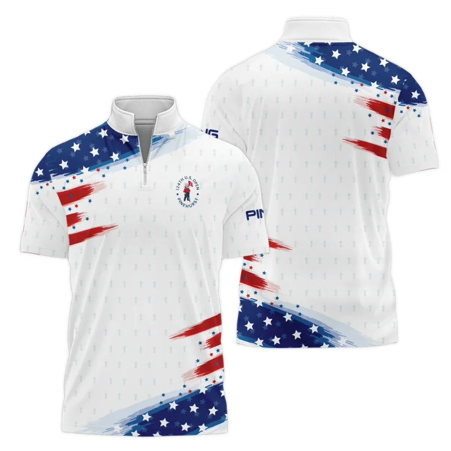 Golf Flag American 124th U.S. Open Pinehurst Ping Style Classic, Short Sleeve Polo Shirts Quarter-Zip Casual Slim Fit Mock Neck Basic