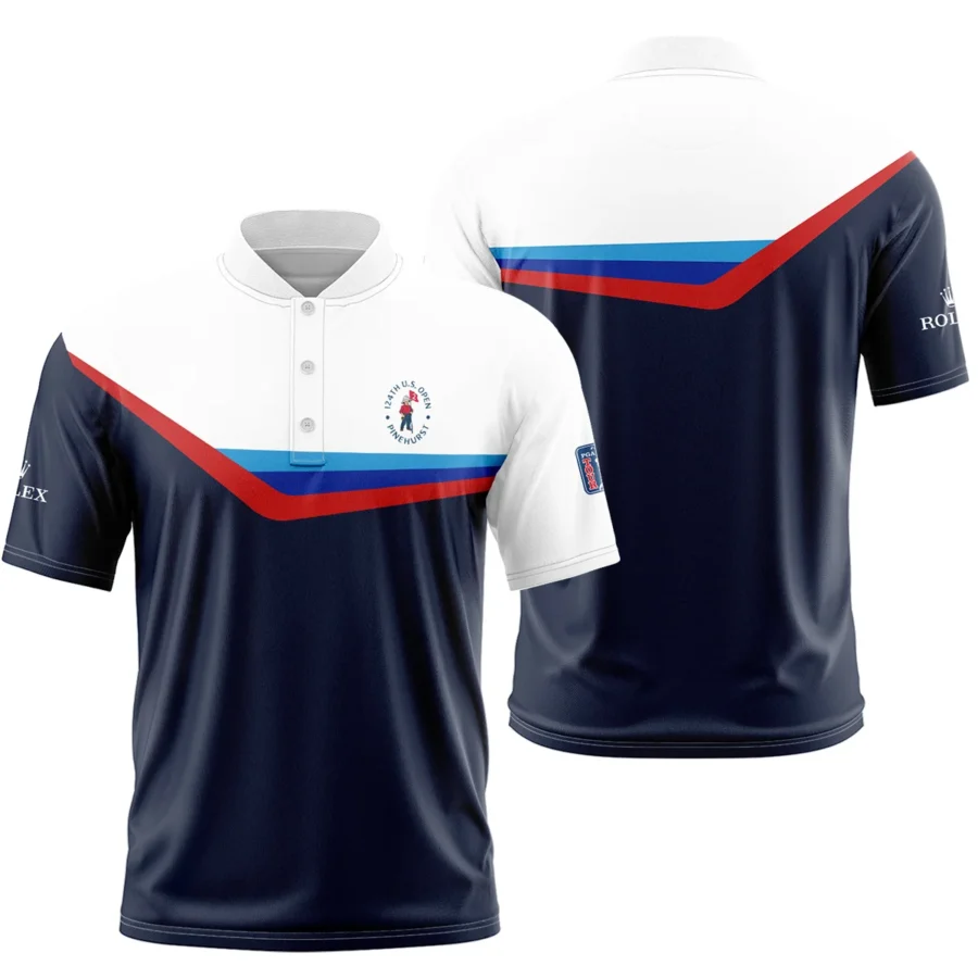 124th U.S. Open Pinehurst Golf Blue Red Line White Pattern Rolex Style Classic, Short Sleeve Round Neck Polo Shirt