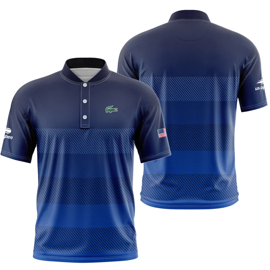 Straight Line Dark Blue Background US Open Tennis Champions Lacoste Short Sleeve Round Neck Polo Shirts