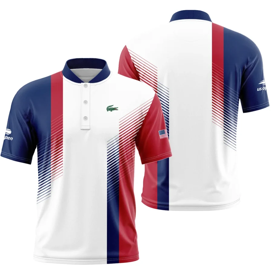 Lacoste Blue Red Straight Line White US Open Tennis Champions Short Sleeve Round Neck Polo Shirts