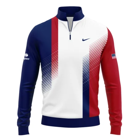 Nike Blue Red Straight Line White US Open Tennis Champions Mandarin collar Quater-Zip Long Sleeve