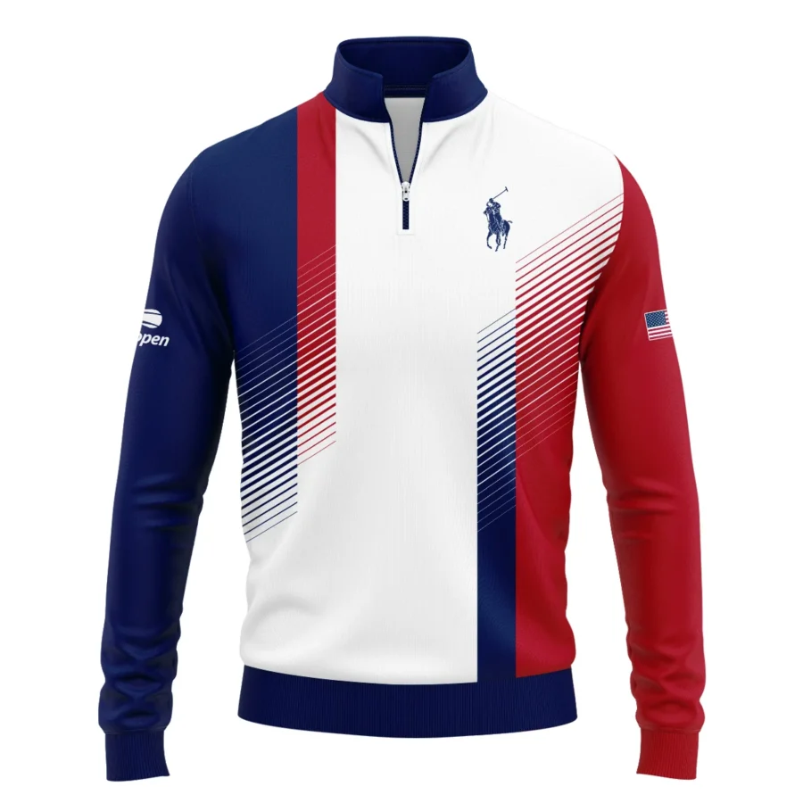 Ralph Lauren Blue Red Straight Line White US Open Tennis Champions Quarter-Zip Jacket Style Classic Quarter-Zip Jacket