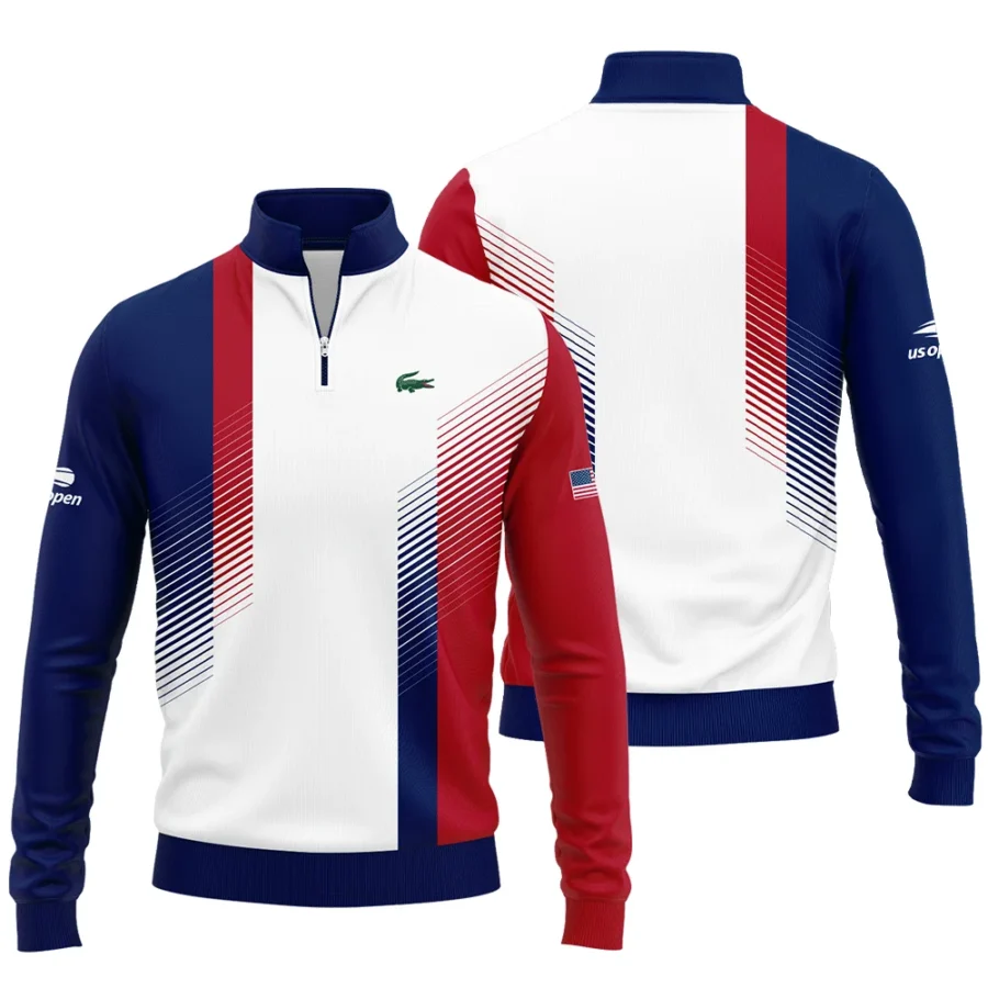 Lacoste Blue Red Straight Line White US Open Tennis Champions Quarter-Zip Jacket Style Classic Quarter-Zip Jacket