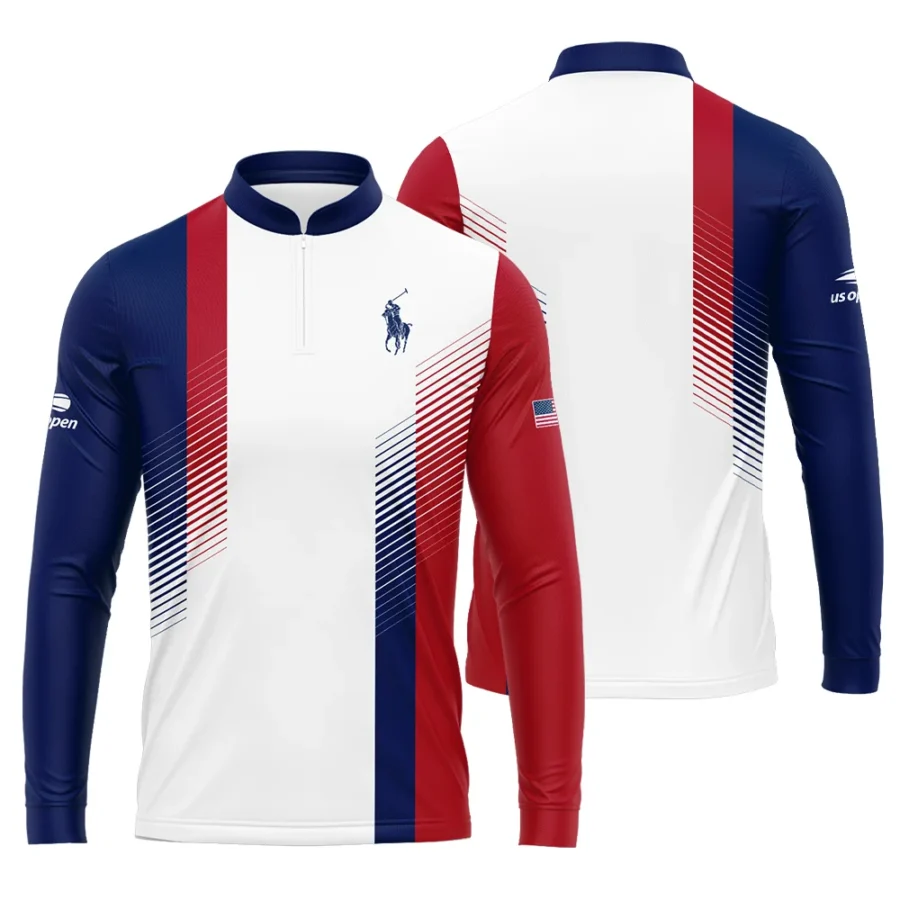 Ralph Lauren Blue Red Straight Line White US Open Tennis Champions Mandarin collar Quater-Zip Long Sleeve