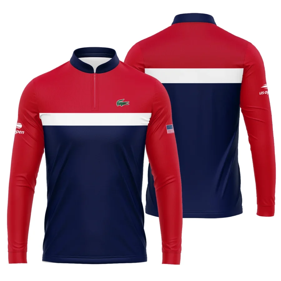 Lacoste Blue Red White Background US Open Tennis Champions Mandarin collar Quater-Zip Long Sleeve