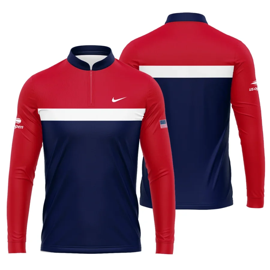 Nike Blue Red White Background US Open Tennis Champions Mandarin collar Quater-Zip Long Sleeve