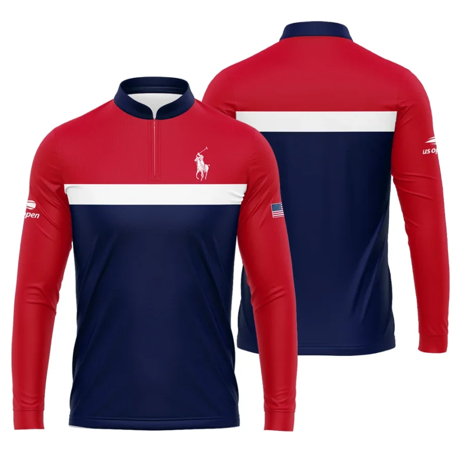 Ralph Lauren Blue Red White Background US Open Tennis Champions Mandarin collar Quater-Zip Long Sleeve