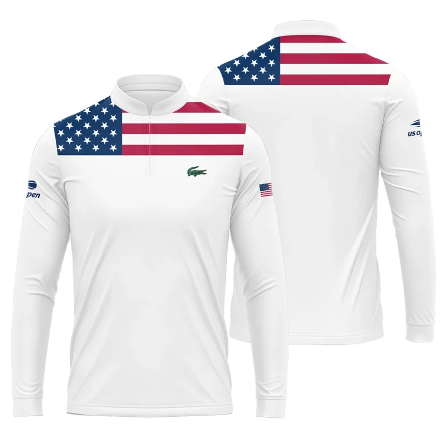 US Open Tennis Champions Lacoste USA Flag White Mandarin collar Quater-Zip Long Sleeve