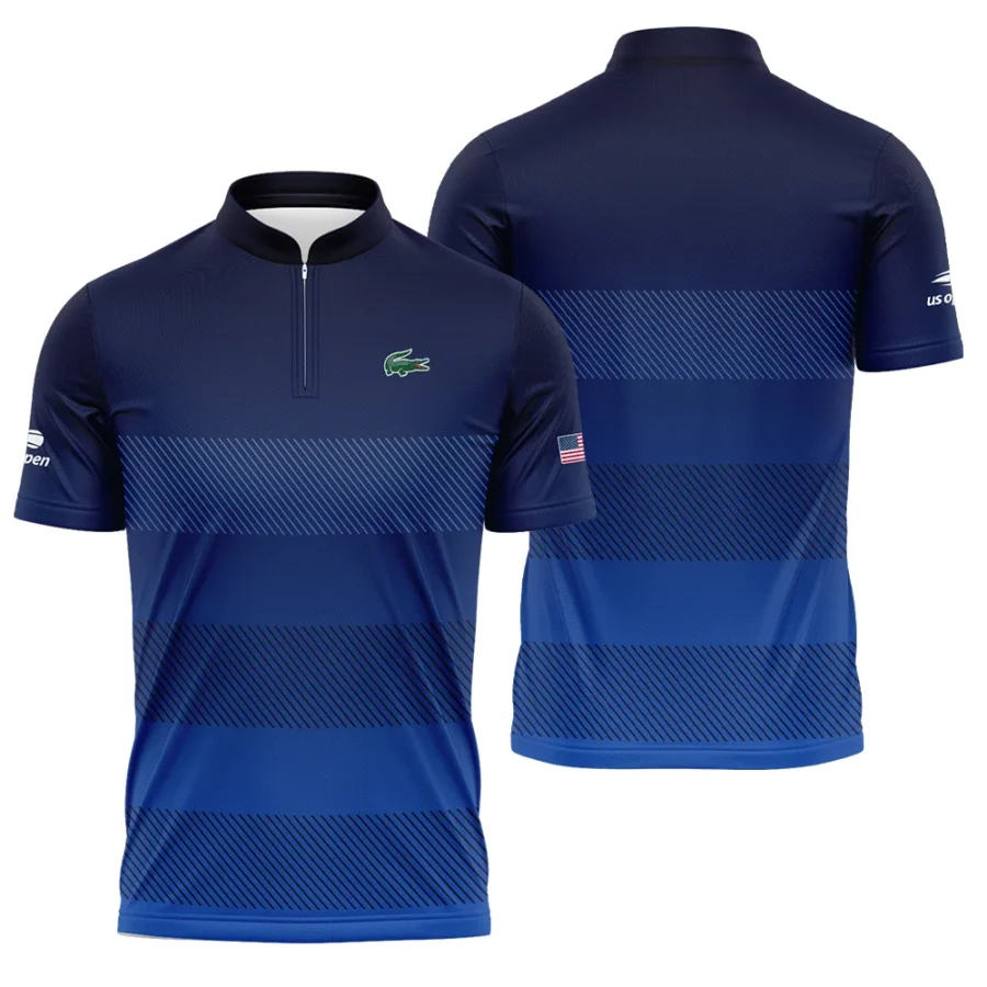 Straight Line Dark Blue Background US Open Tennis Champions Lacoste Polo Shirt Mandarin Collar Polo Shirt