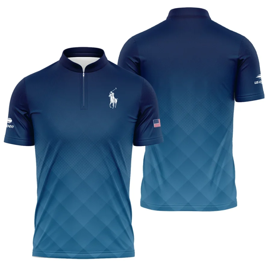 Ralph Lauren Blue Abstract Background US Open Tennis Champions Polo Shirt Mandarin Collar Polo Shirt