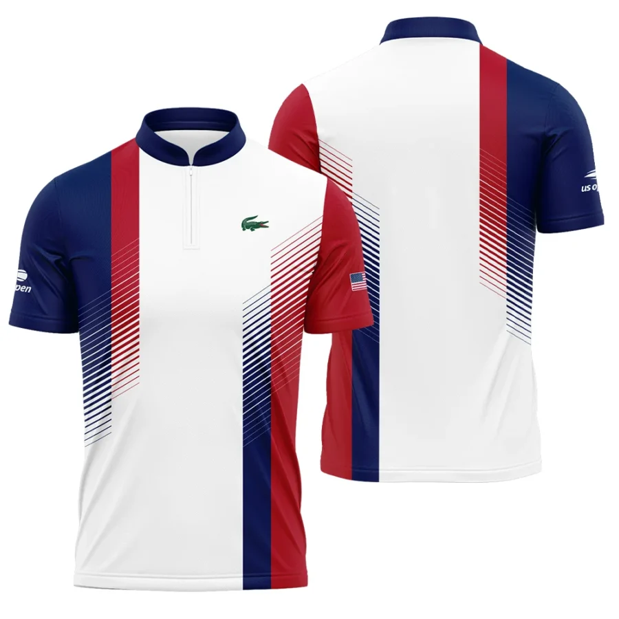 Lacoste Blue Red Straight Line White US Open Tennis Champions Polo Shirt Mandarin Collar Polo Shirt