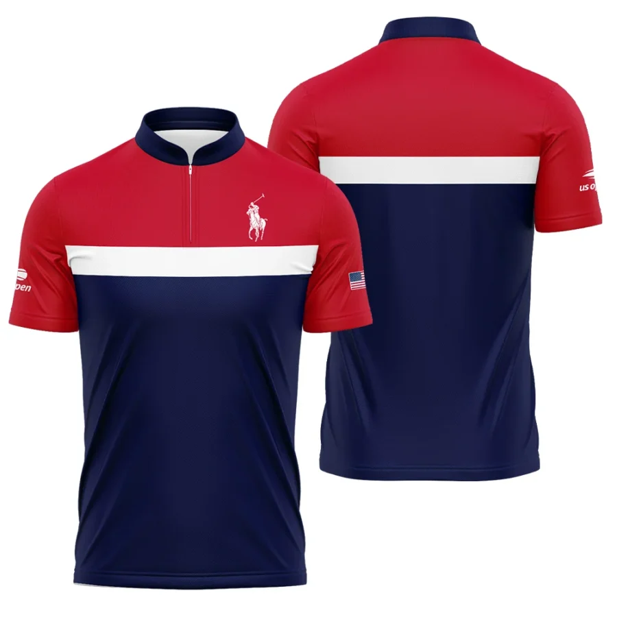 Ralph Lauren Blue Red White Background US Open Tennis Champions Polo Shirt Mandarin Collar Polo Shirt