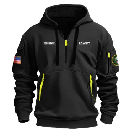 Personalized Name Color Black Home Of The Free U.S. Army Veteran Hoodie Half Zipper