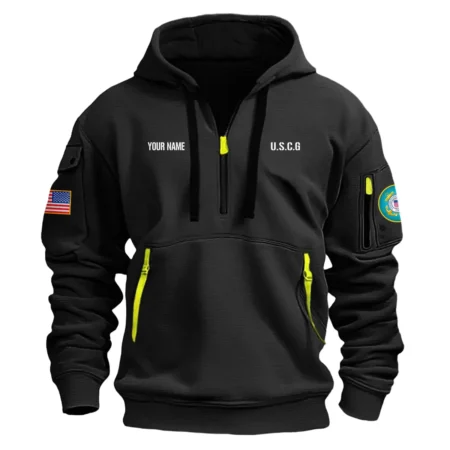 Personalized Name Color Black Home Of The Free U.S. Coast Guard Veteran Hoodie Half Zipper