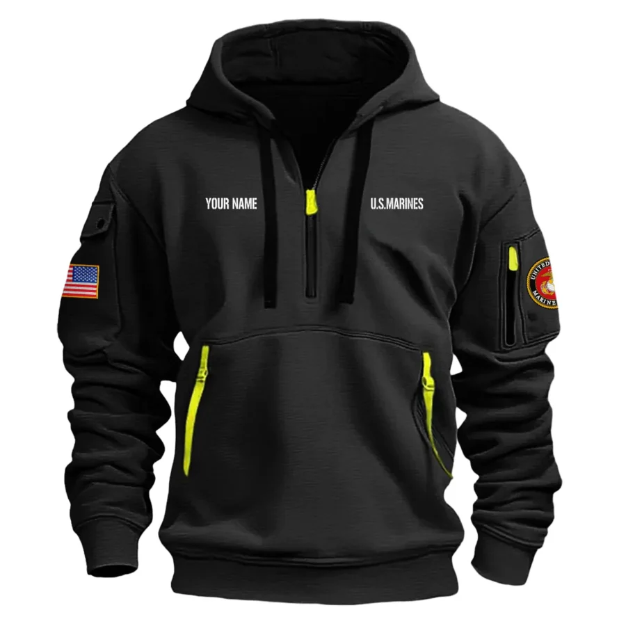 Personalized Name Color Black Home Of The Free U.S. Marine Corps Veteran Hoodie Half Zipper